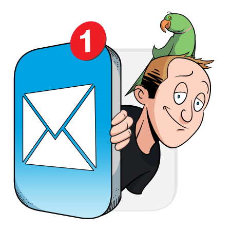 Kevin and his bird peering out from behind an email app's icon